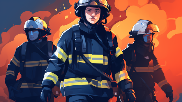 火灾现场红色火焰中的救援队员插画