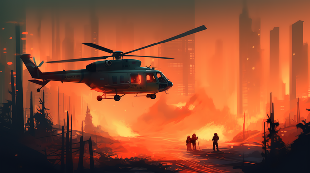火灾现场开展灭火救援的直升机消防员插画