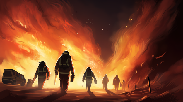 火灾现场开展灭火救援的救援人员插画