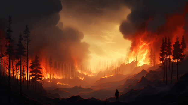 实施灭火救援的大型森林火灾现场插画