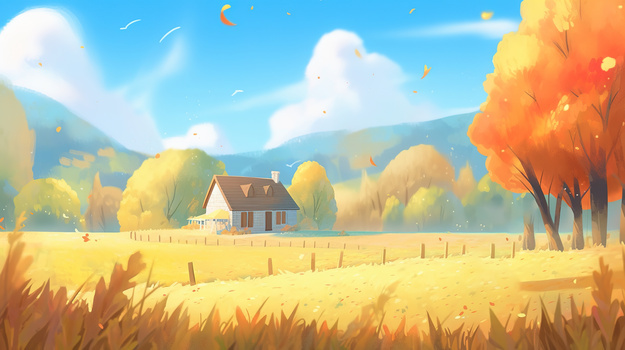 金色秋天唯美风景森林边上的小木屋创意插画