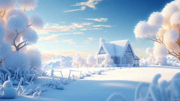 晨光下冬天大雪山林小房子雪景插画