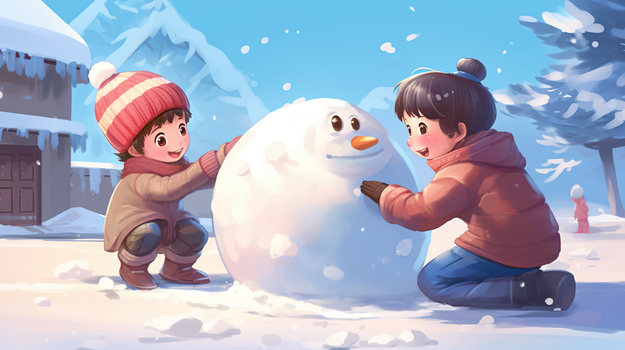 冬天在雪地里打雪仗堆雪人玩耍插画