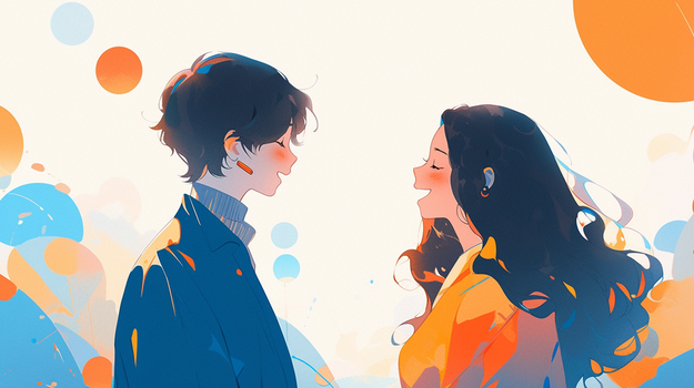 橙蓝色调的面对面的情侣插画