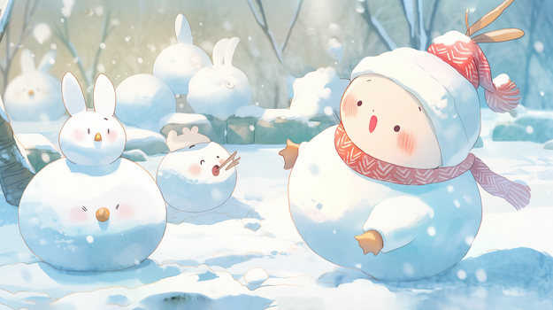 雪地里可爱的小雪人插画