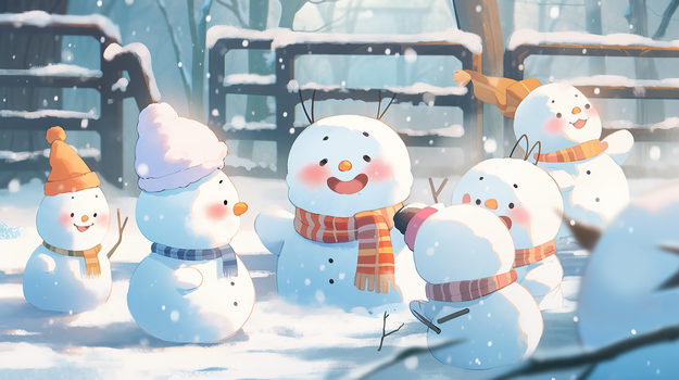雪地里可爱的小雪人插画