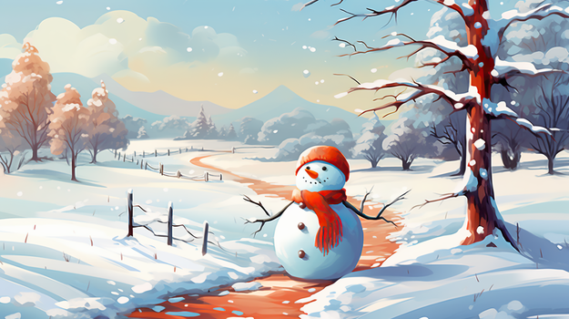 卡通雪人冬天在雪地场景插画
