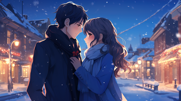雪中相拥面对面的情侣情人节插画