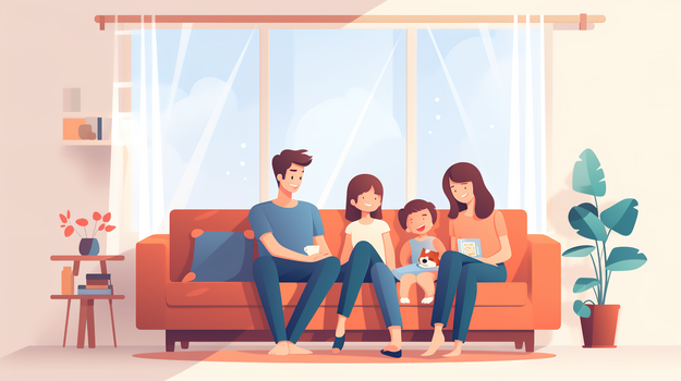 坐在家里沙发上的一家人温馨插画