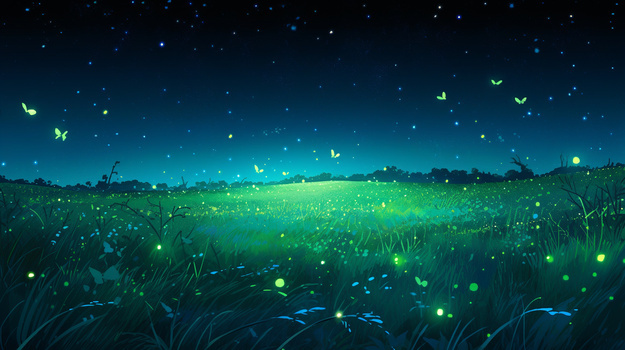 夜晚草丛中漂亮的萤火虫满天繁星的夜景插画
