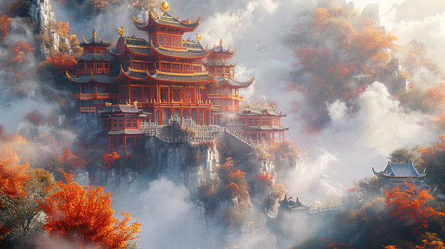 云层中金碧辉煌的中国风建筑插画