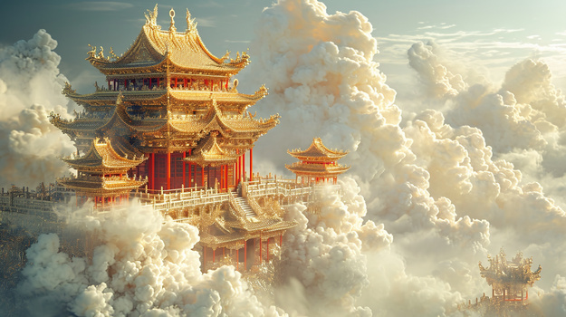 云层中金碧辉煌的中国风建筑插画