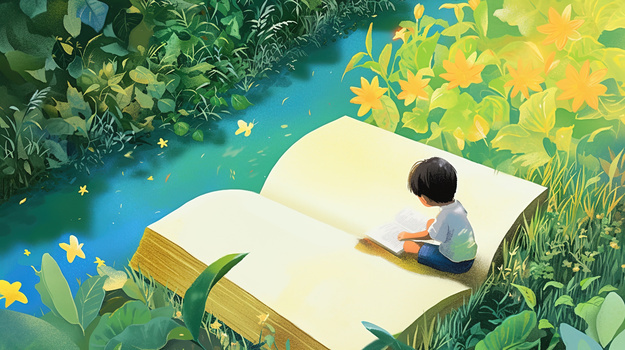 草坪小水潭旁看书的小男孩插画