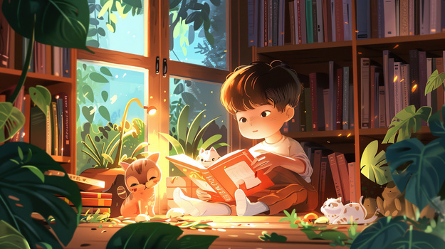 卡通坐在家里读书的小男孩插画