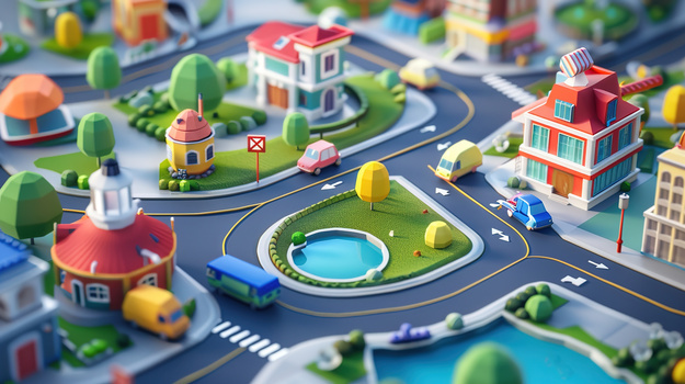 3D立体城市交通道路建筑模型插画