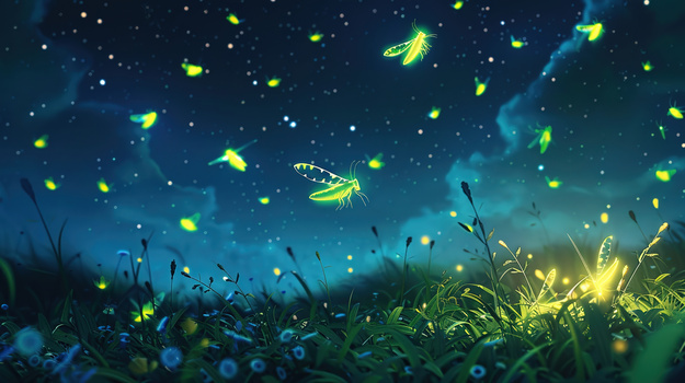 夜间草地上飞舞的萤火虫插画