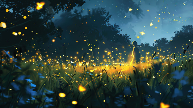 夜晚草地上飞舞的萤火虫插画