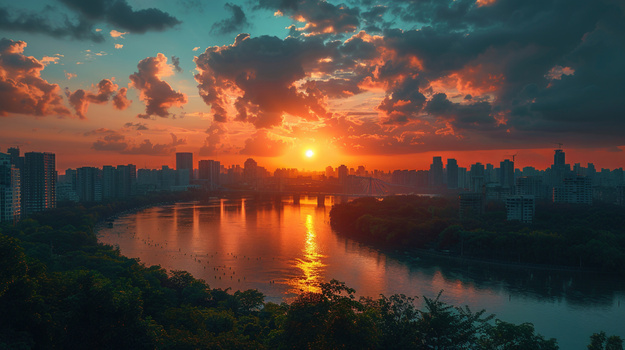 夕阳晚霞城市风景插画