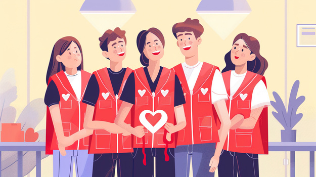 献血青年志愿者合影插画