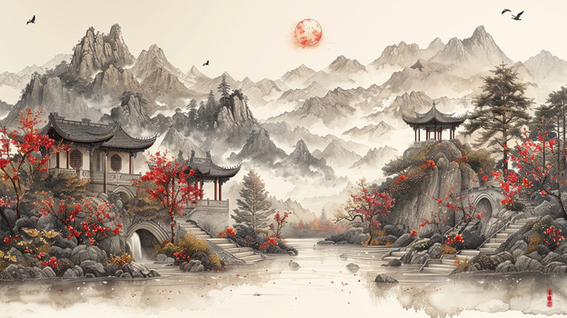 中国古风水墨山水风景插画