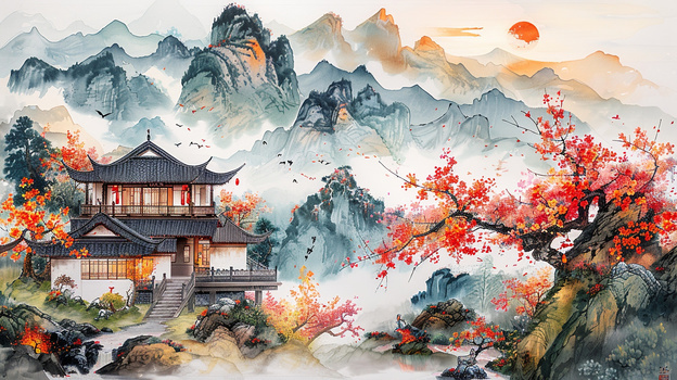 中国古风山水风景插画