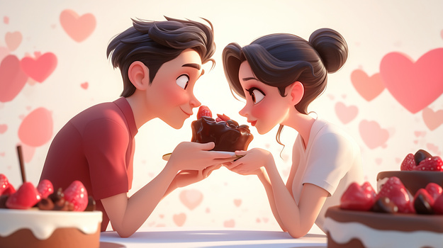 餐厅约会吃蛋糕的情侣插画