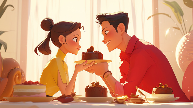 餐厅约会吃蛋糕的情侣插画