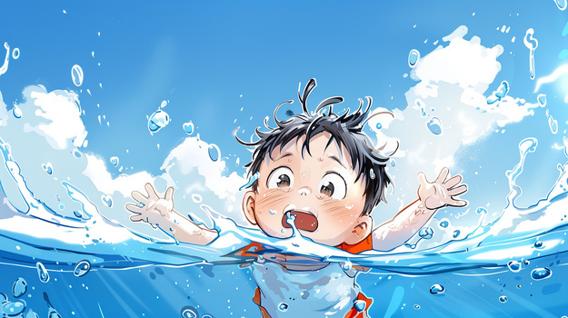 夏季游泳溺水的小男孩插画