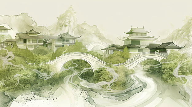 山间中国古建筑小桥流水人家插画