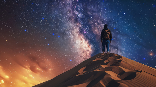 沙漠仰望星空的少年背影图片
