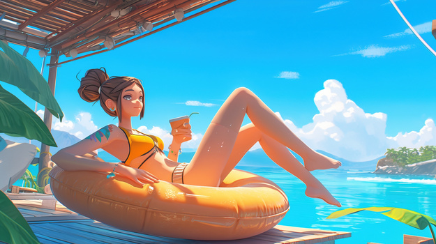 夏日海边度假休闲的女孩插画