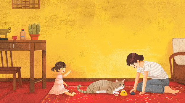 地上和猫咪玩耍的妈妈和女儿插画插画