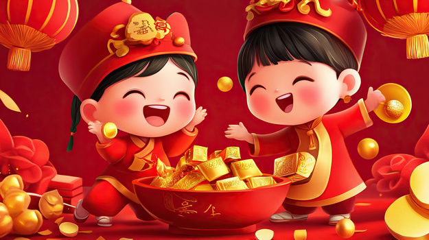 红色新年小孩欢喜过年金币恭喜发财插画