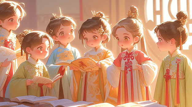 书院学习看书的古代学生女童插画