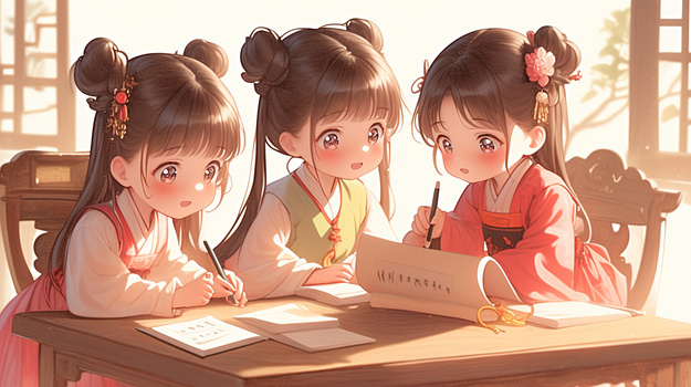 书院学习看书的古代学生女童插画