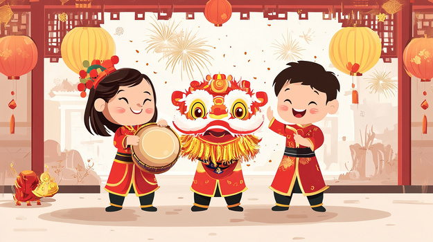 孩子舞狮迎新春新年喜庆插画