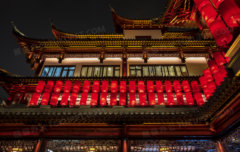 夜晚中式建筑灯笼灯光图片