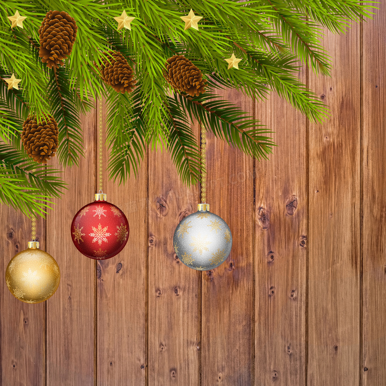 圣诞节冷杉彩球木纹背景图片