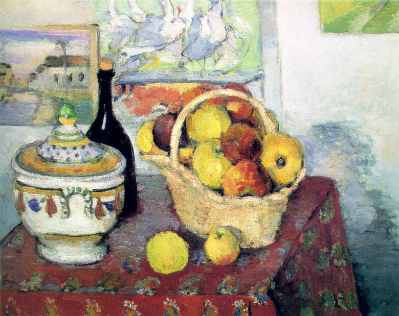 桌面上的瓷器与水果等绘画创意图片