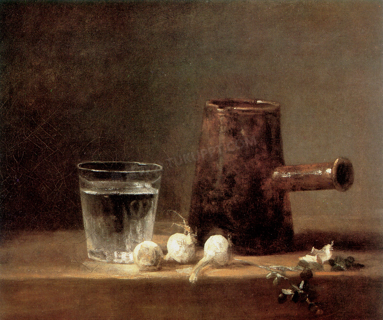 桌上的水杯与大蒜主题静物绘画图片
