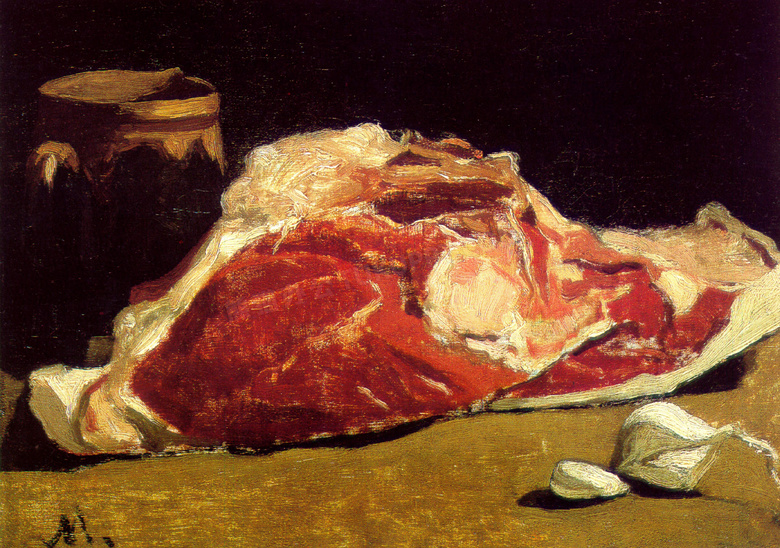 木桶与一块肉主题静物绘画高清图片
