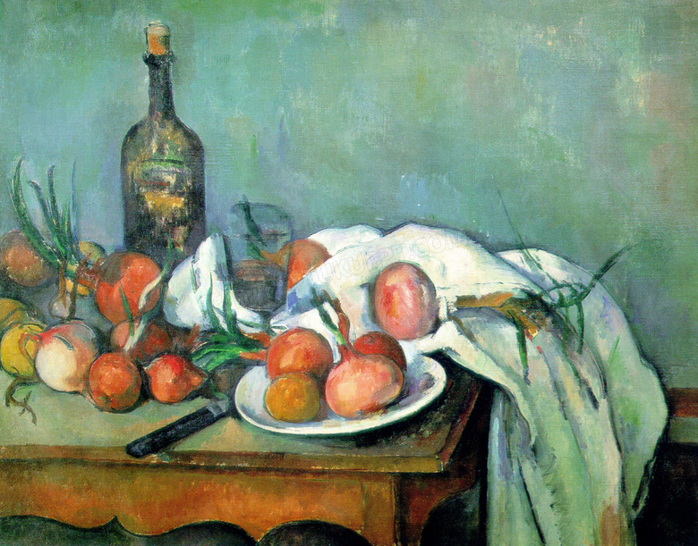 桌上的白布与酒瓶蔬菜静物绘画图片