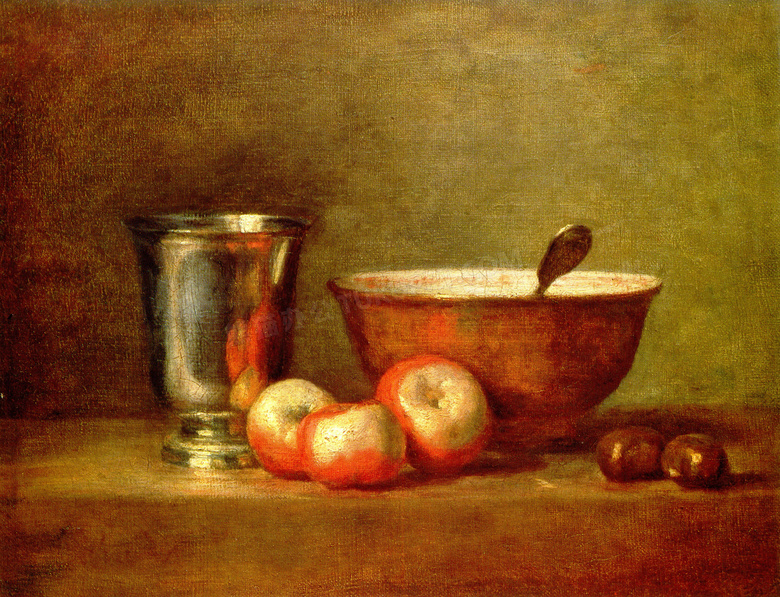 杯子碗与水果主题静物油画高清图片