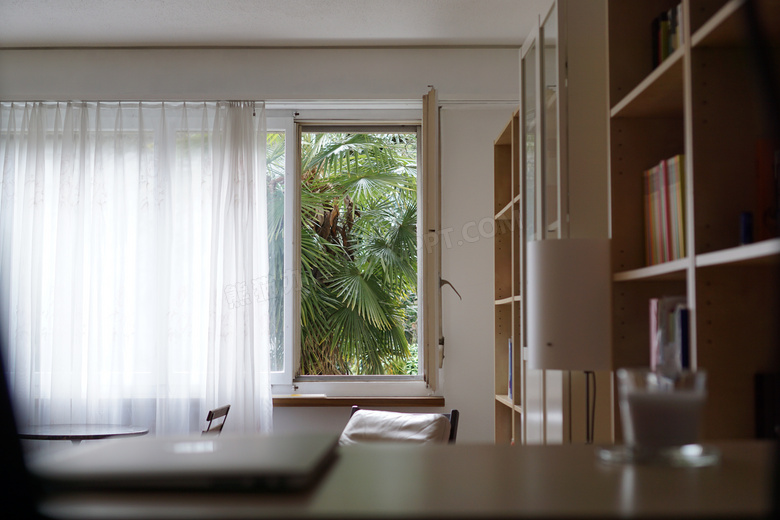房间书架桌椅与窗外的植物高清图片