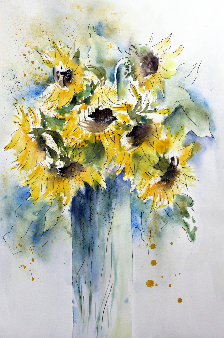 向日葵花朵主题水彩画设计高清图片