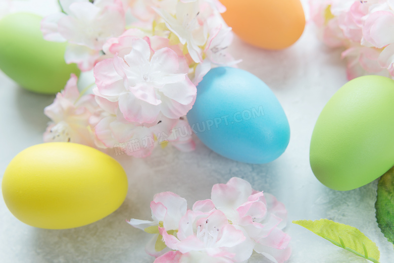 复活节彩蛋与粉色鲜花摄影高清图片