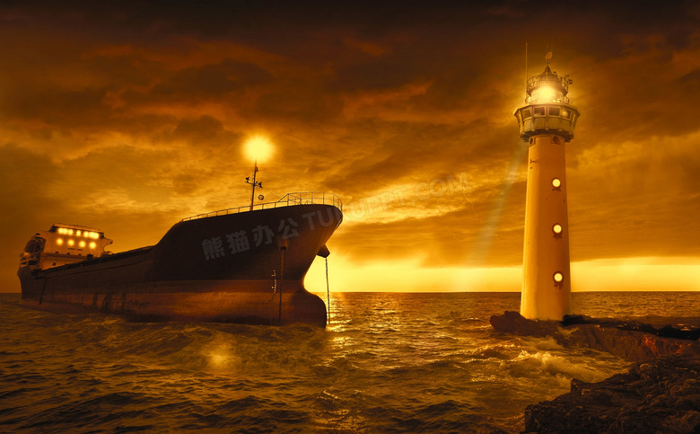 灯塔与在夜航中的船只摄影高清图片