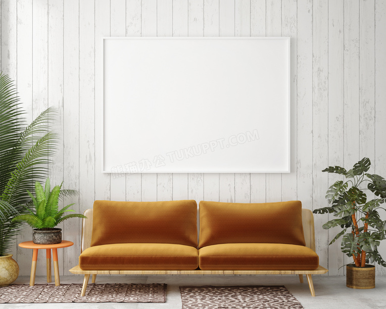 房间绿植沙发与空白装饰画高清图片