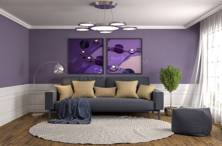 沙发绿植与紫色墙上的挂画高清图片