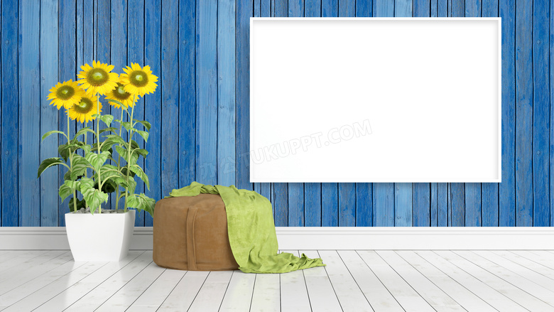 向日葵与木板墙上的装饰画高清图片